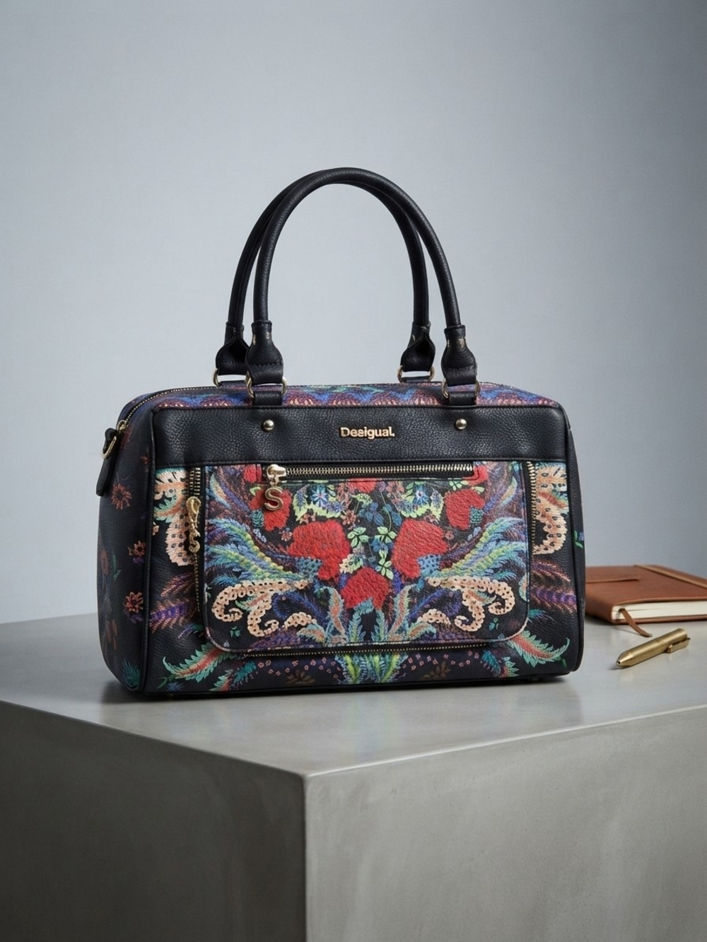Desigual Black Multicolor Floral Embroidered Satchel